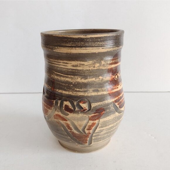 Vintage Signed Studio Art Pottery Vase Hand Painted Ram Goat? Abstract Art Brown - Picture 3 of 8